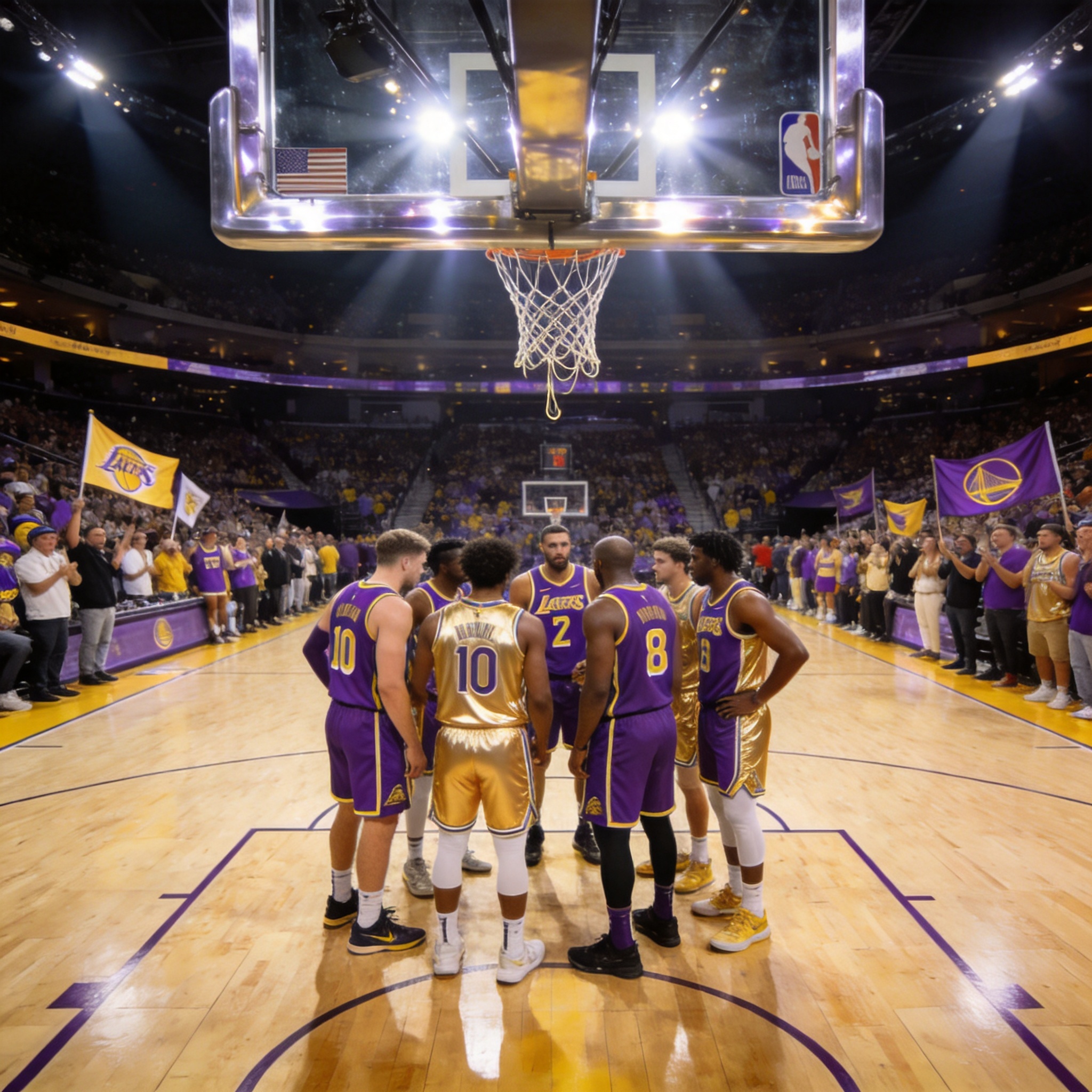NBA球场全景，灯光聚焦篮架，展现职业篮球比赛的紧张氛围